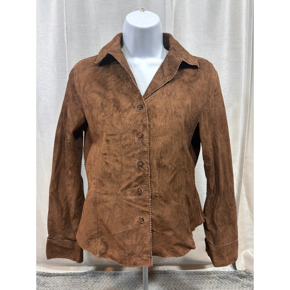 Suedessence Brown Leather Suede Button Front Shirt Jacket Zigzagâ Trim Womens PS